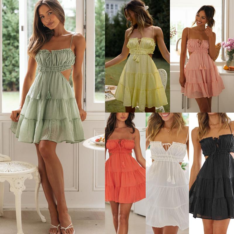 Women's Square Neck Sleeveless Tiered Ruffle Cutout Mini Dress Casual A Line Short Dress