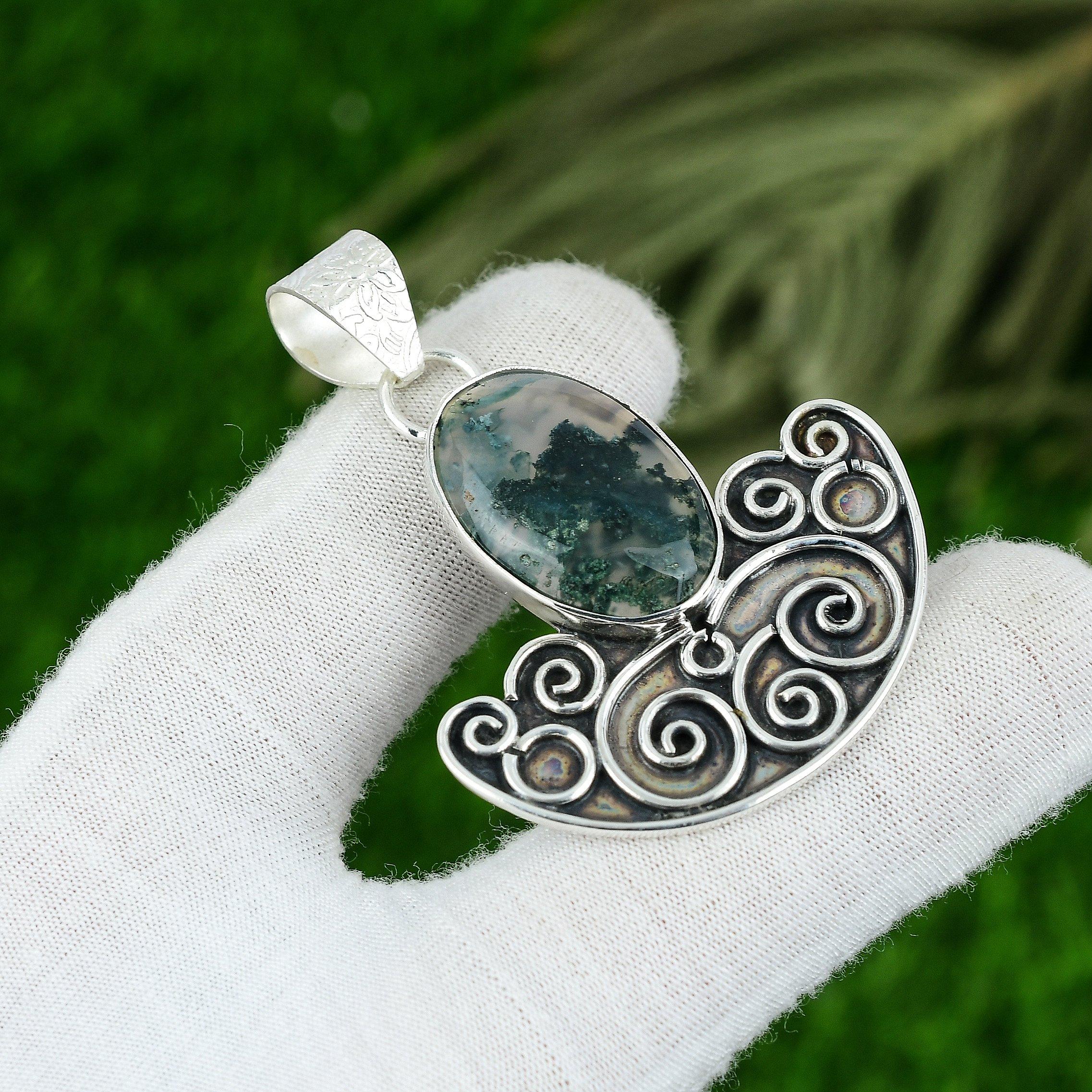 

Mothers day Sale Sterling Silver Natural Solar Moss Agate Unique Pendant Jewelry