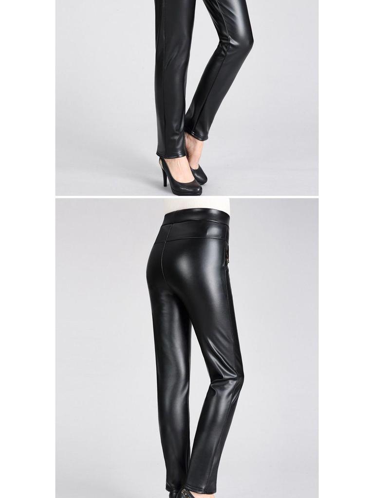 Mom's High-Waisted Leather Pants: Winter Plus Velvet Straight-Leg Style for Middle-Aged & Elderly Women