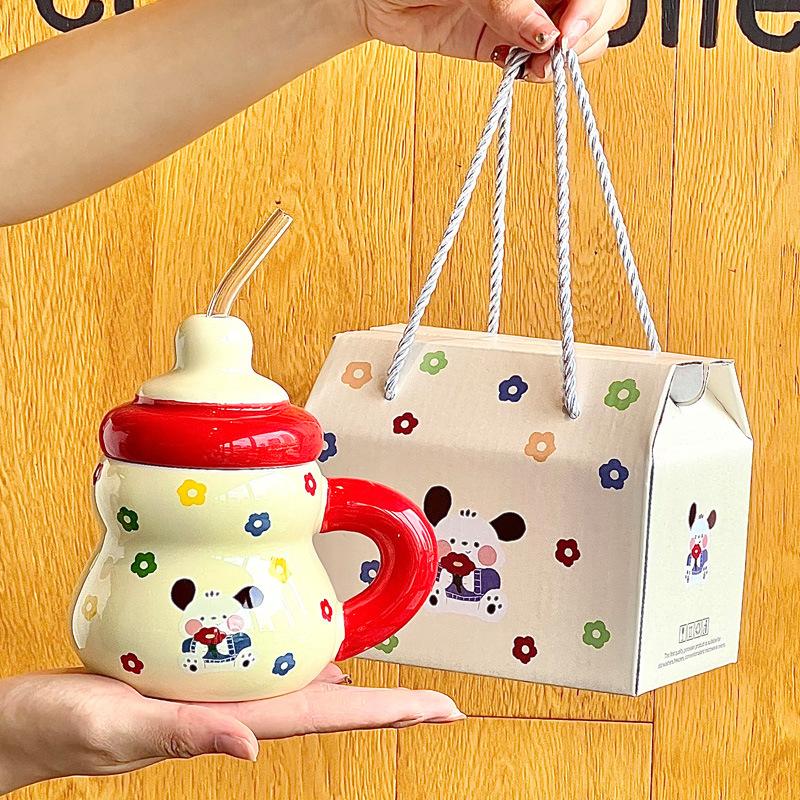 Cute polka dot straw cup girls high value ceramic water cup girlfriends practical mug birthday gift