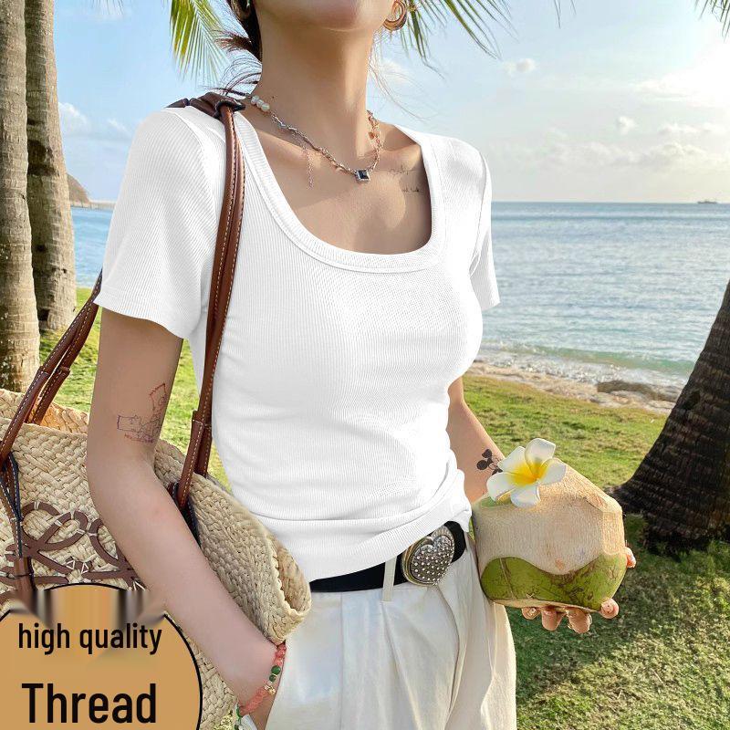 Hong Kong Style Women's Ribbed Square Neck Short Sleeve Top - Age-Reducing, Trendy, and Breathable