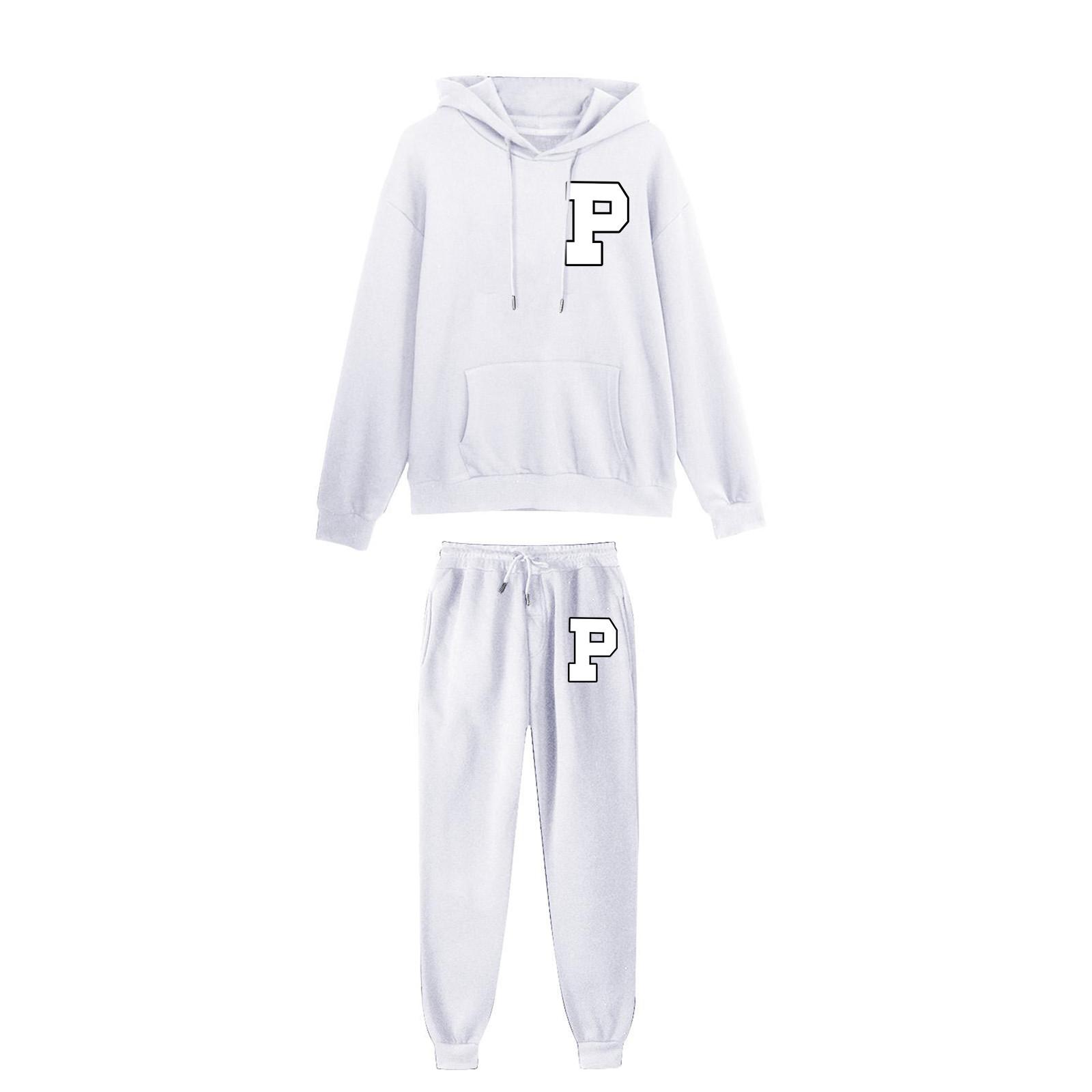 

Унисекс плюшевые брюки с длинными рукавами, свободный пуловер с принтом и веревочной толстовкой из двух частей XL белый