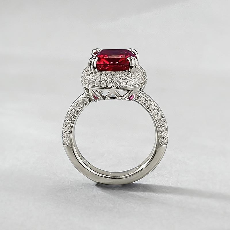 Xian Can Jewelry S925 Silver 9x11mm Pigeon Blood Red Pave Ring, European & American Style, Xiaohongshu Live.