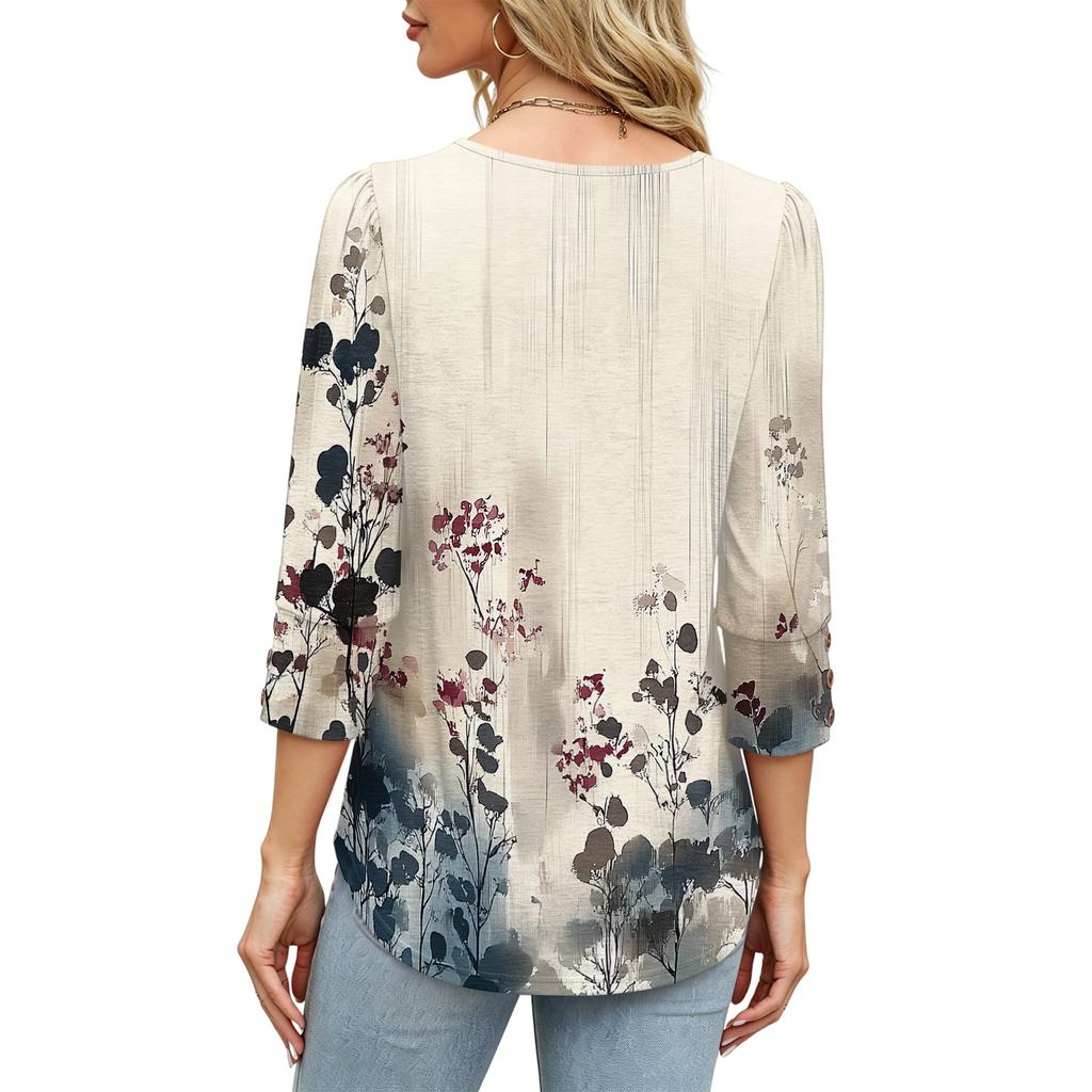Womens Casual V Neck Loose Fit Three Quarter Sleeve Blouse Floral Print Lightweight Top for Everyday Wear