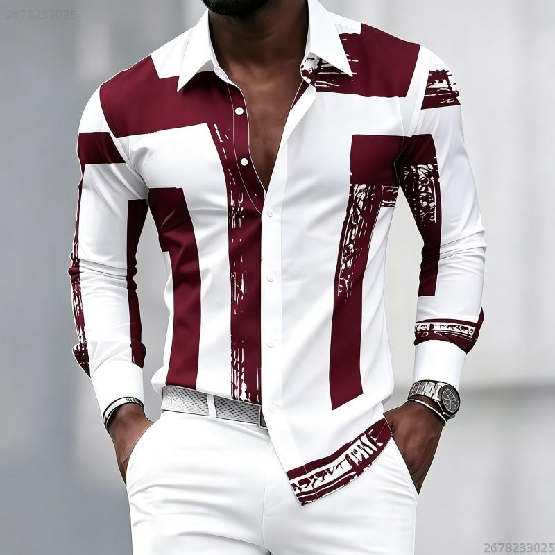 Men's Black and White Geometric Coarse Stripe Printed Long Sleeved Lapel Shirt, Retro Slim Fit Shirt, Trendy Casual Men's Top