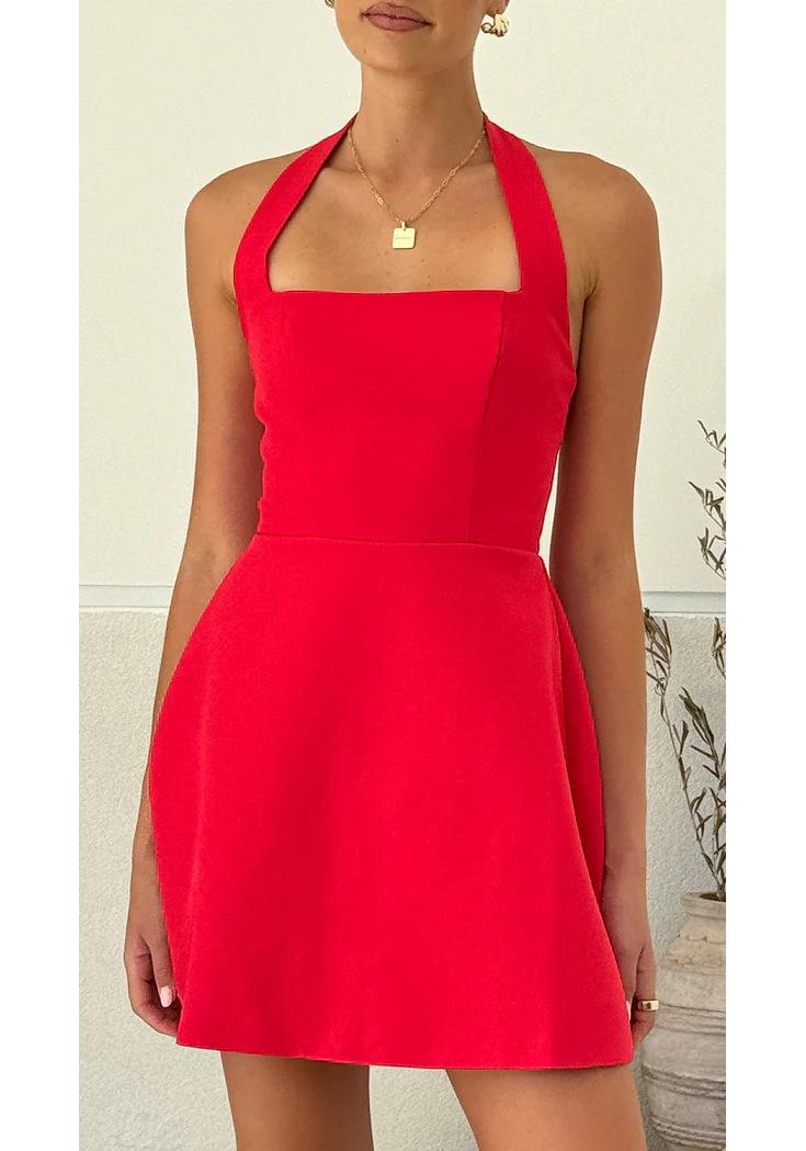 Summer 2025 Women s Solid Color Halter Neck Dress - European & American Style L красный