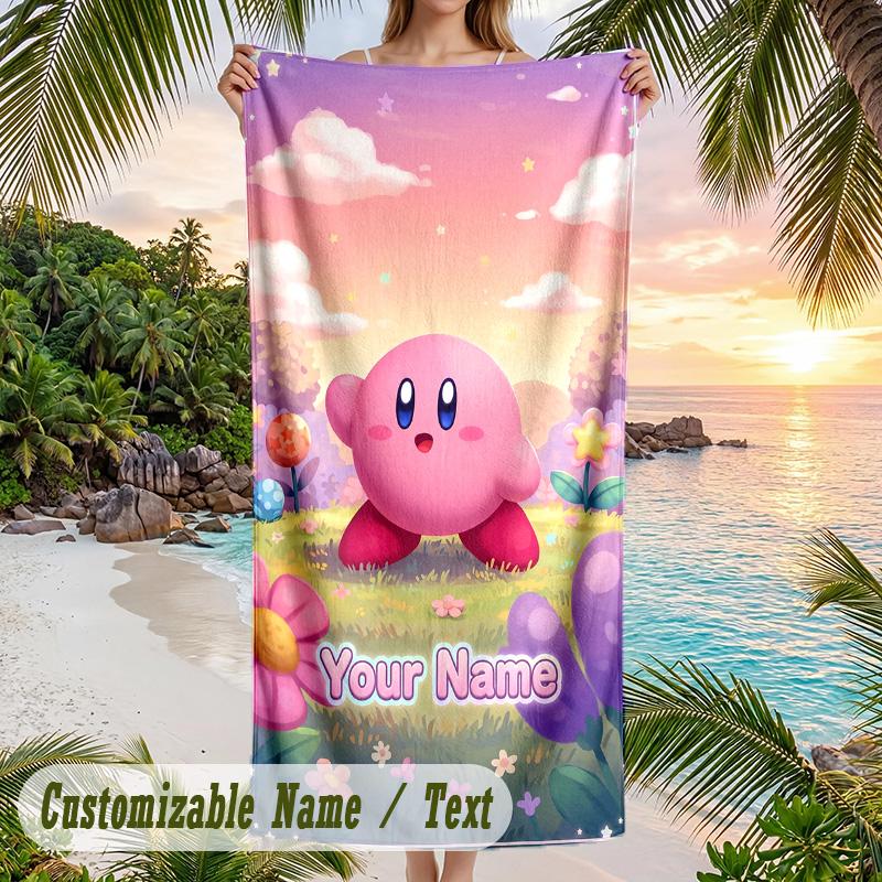 Kirby Beach Towel, Personalized Custom Text, Quick Dry Soft Large Towel For Swimming Pool Travel