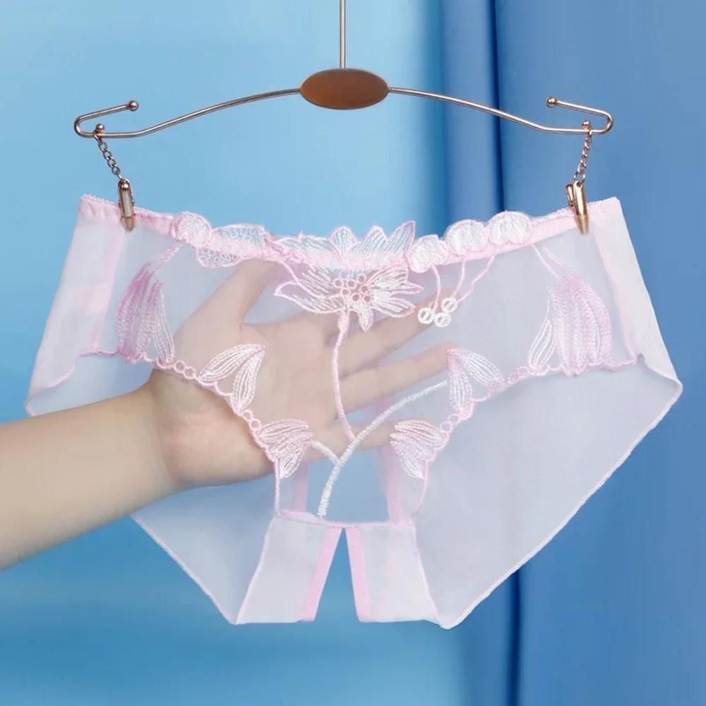 Women Plus Size Lace Sexy Transparent Underwear Floral Mesh Comfort Sheer Crotch Slit Traceless Briefs Panties Women's Briefs