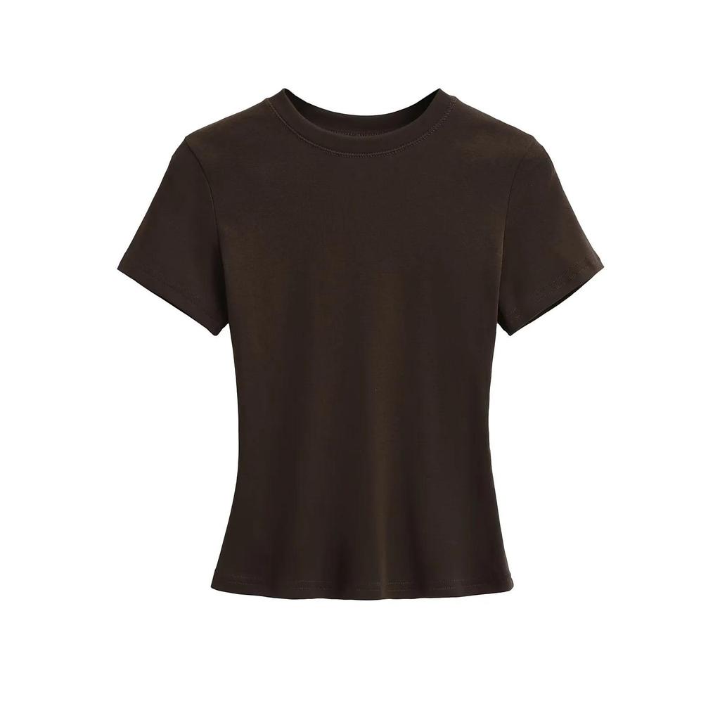 Retro Solid Color Slim Fit Crop Top with Round Neck & Short Sleeves
