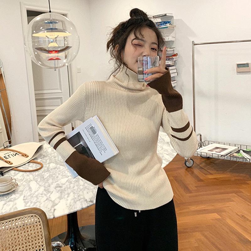 

Весна 2024 Женский трикотажный свитер с высоким воротом, облегающего кроя, с длинным рукавом - Универсальный модный топ One Size жёлтый/серый