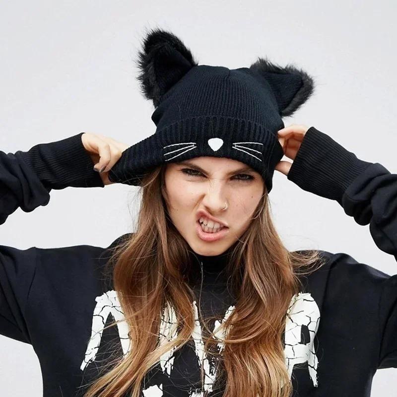 Womens Warm Winter Hat Wool Knitted Cat Ear Faux Mink Hat Skull Fur Pom Pom  Womens Beanie Hat for Women