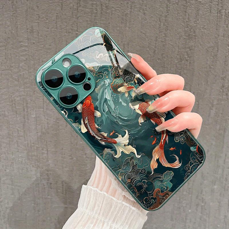 Wealthy Chinese-Style Koi Pattern Tempered  Phone Case for iPhone17promax 16 15 14 13 12ProMax 11 11Pro Anti-drop protection