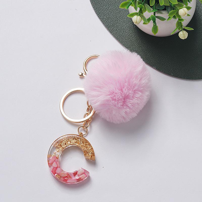 Niedlicher Schlüsselanhänger Rosa Pompom Fellkugel 26 Buchstaben Schlüsselanhänger Harz Schlüsselanhänger Handtaschenanhänger Für Frau Ornamente Accessoires Geschenk