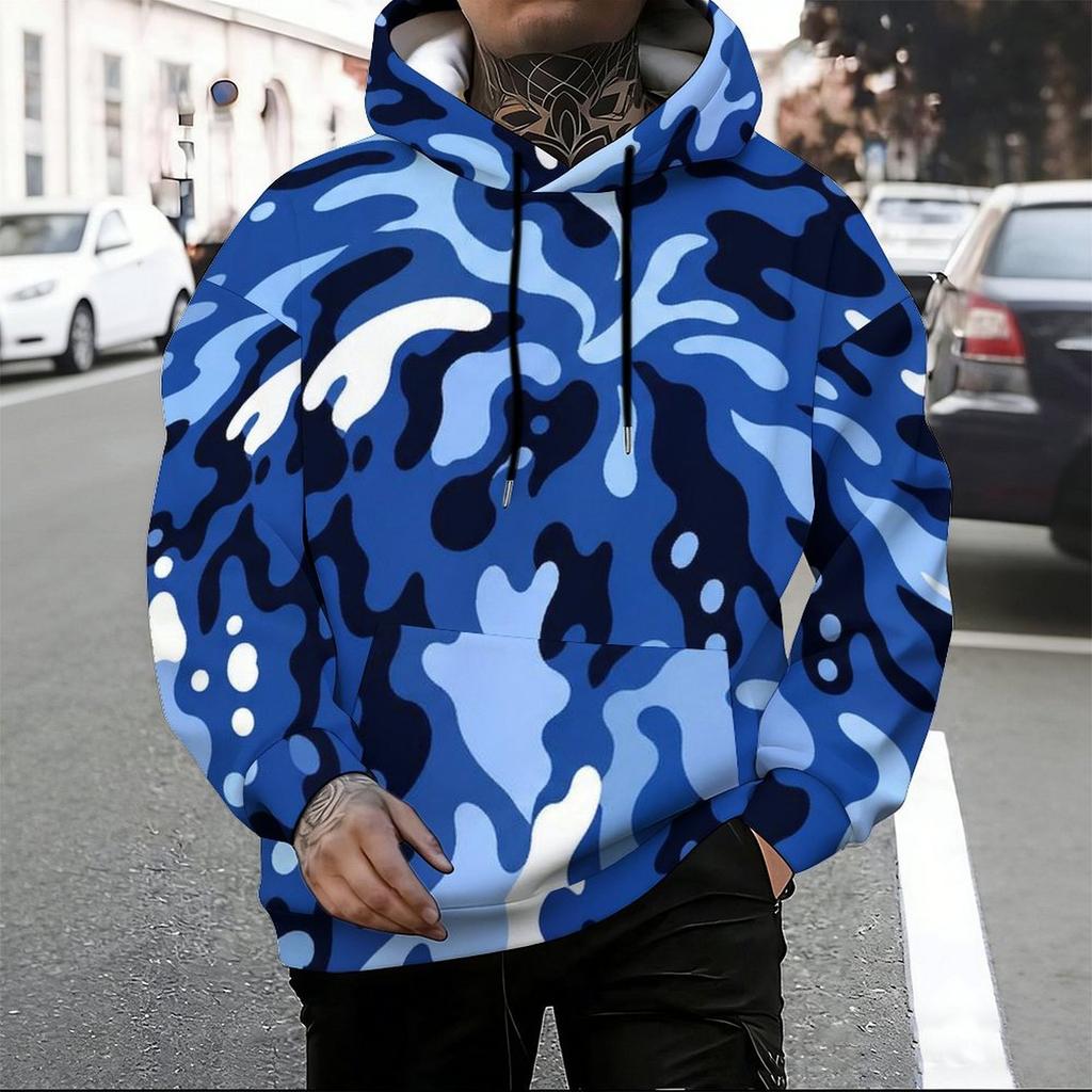 Men Plus Size Beige Printed Hoodie Long Sleeve Drawstring Pullover With Kangaroo Pocket