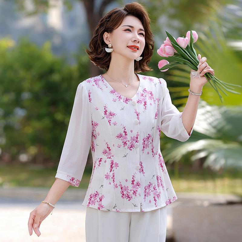 Elegant Summer Short-Sleeved Top for Middle-Aged Women