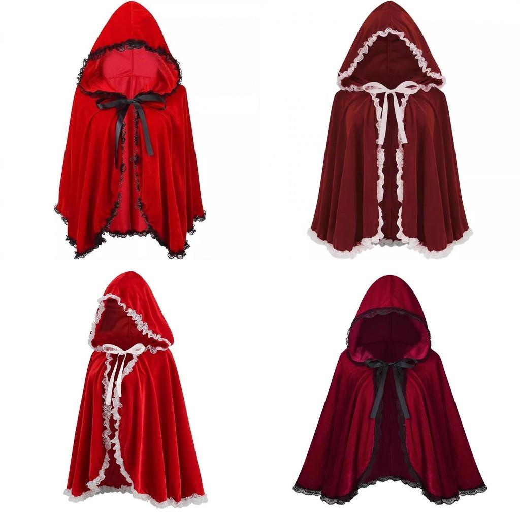 Lussuoso Mantello Corto con Cappuccio e Bordi in Pizzo Rosso Vino per Donna Perfetto per Halloween e Altro