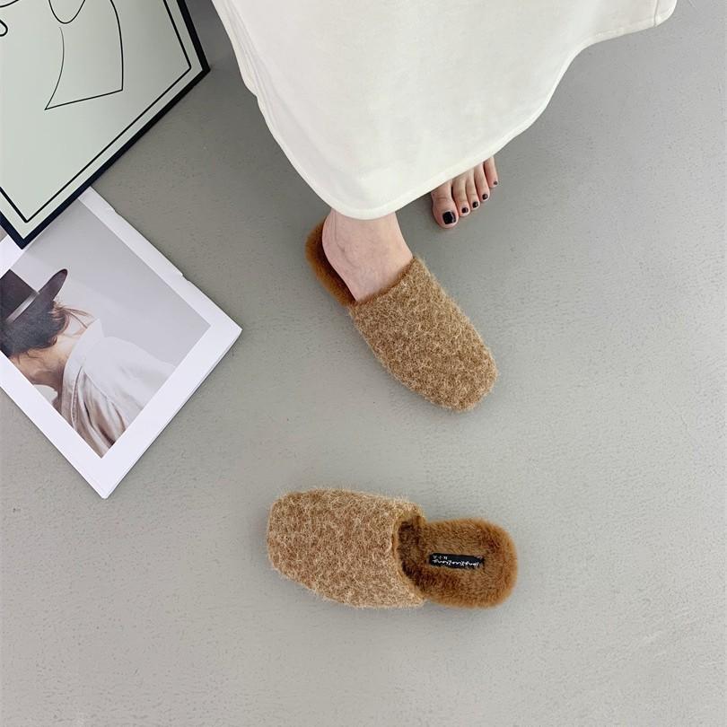 2025 new autumn and winter flat-bottomed retro bag head half slippers plush shoes cotton mop