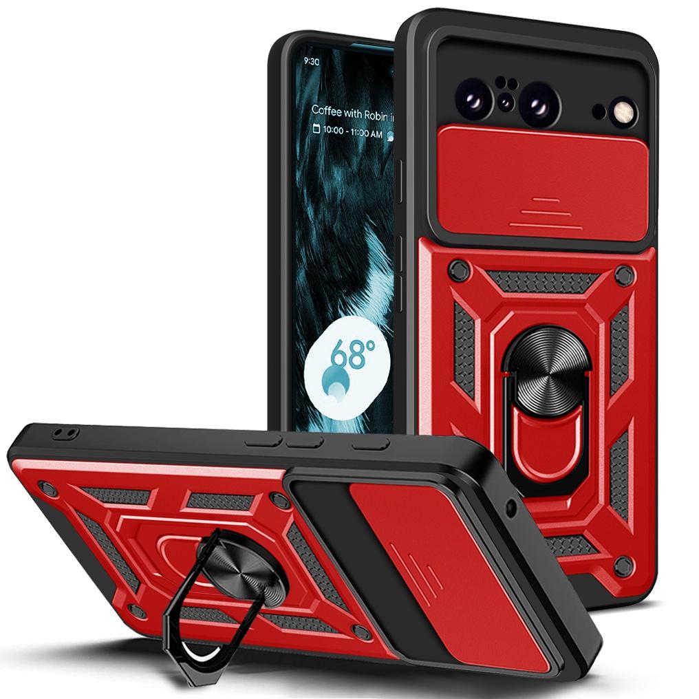 

For Google Pixel 8 Camera Lens Slide Design Shockproof Phone Case PC+TPU Kickstand Cover Red