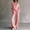 Ensemble deux pièces d'été coloré pour femme avec chemisier à col à revers à manches longues et pantalon large