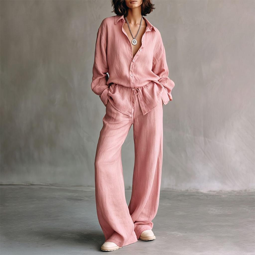 Ensemble deux pièces d'été coloré pour femme avec chemisier à col à revers à manches longues et pantalon large
