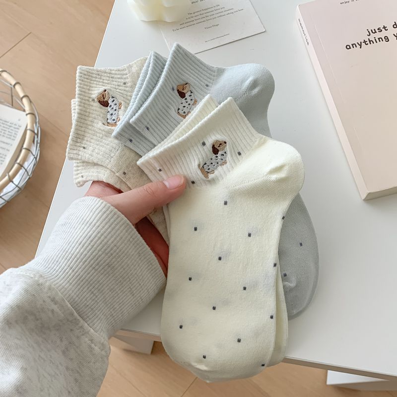 Women's Spring and Summer Thin Versatile Preppy Cute Polka Dot Embroidered Cotton Breathable Short Tube Socks