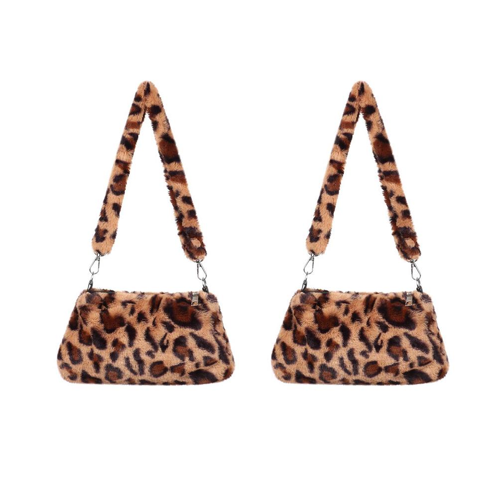 Women Leopard Print Plush Shoulder Bag Fashion Casual Underarm Crossbody Messenger Purse