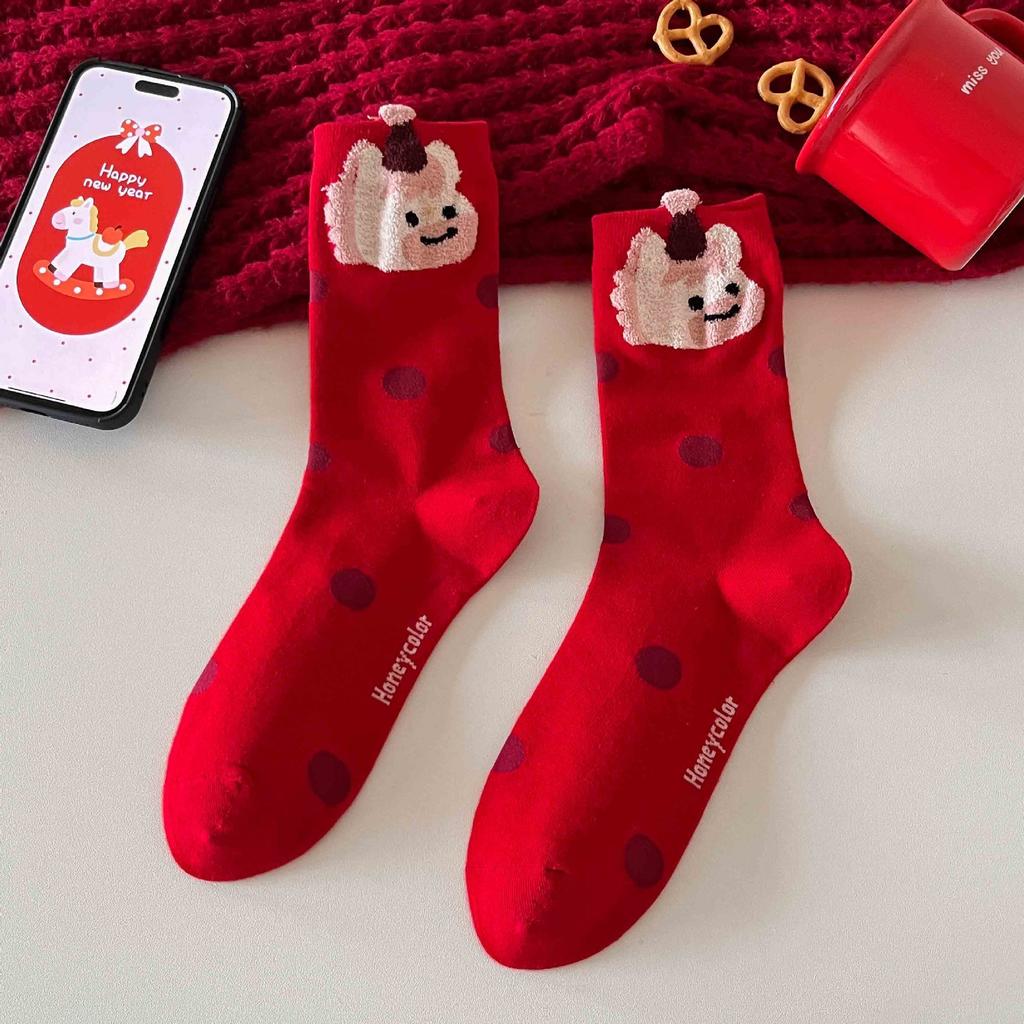 New Year'S Big Red Socks Plush Cartoon Red Socks Bow Medium Tube Hongyun Socks