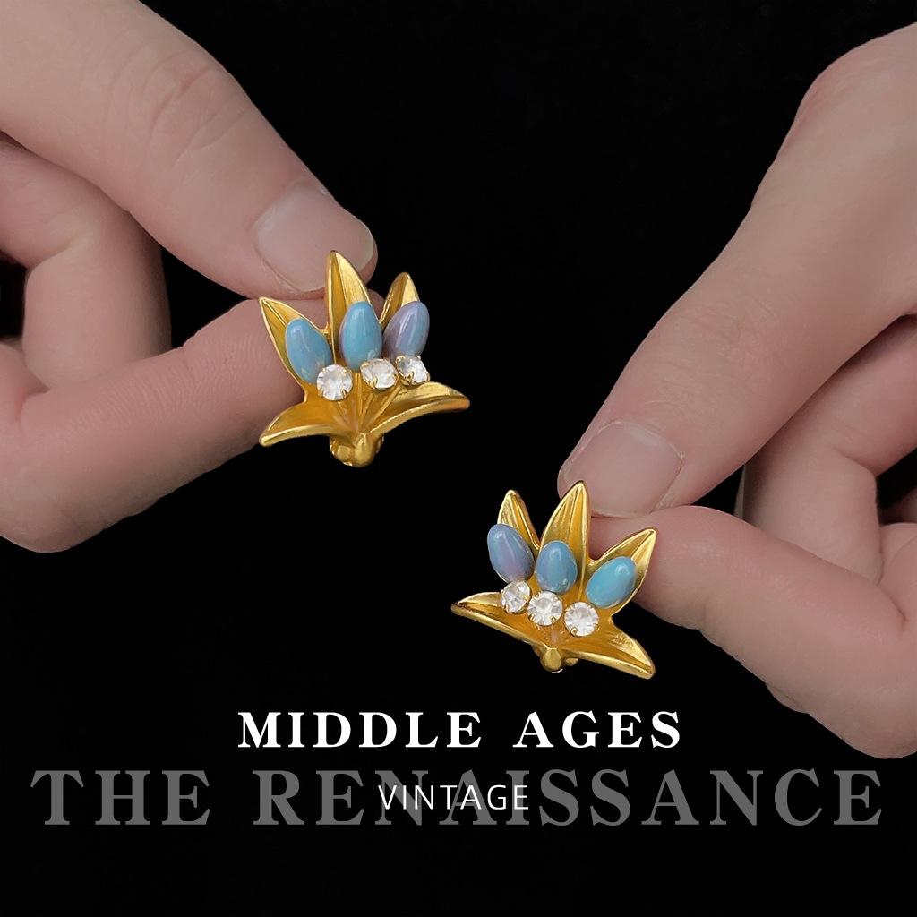 Орландо~ Ренессанс Матовое Золото Трехмерные Серьги-Цветы Синие Серьги-Капли Масла