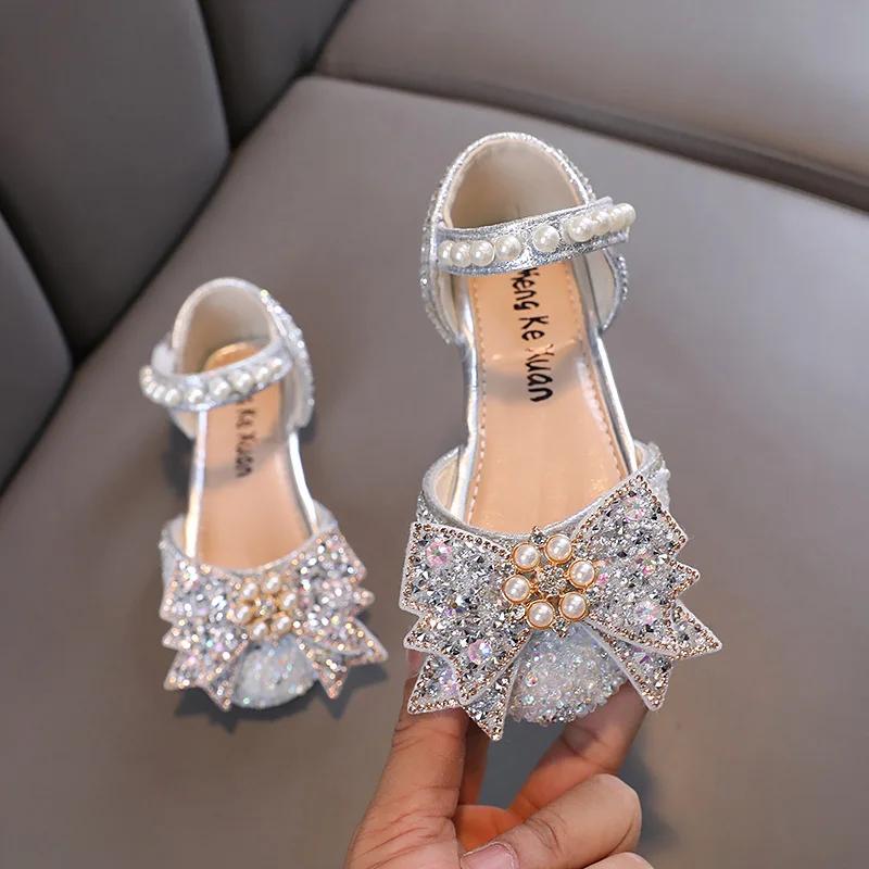 

Little Baby Girl Silver Rhinestone Princess Party Sandals Children Pearl Bow Dancing Flats Kids Shining Performance Shoes H06051 21 серебряный