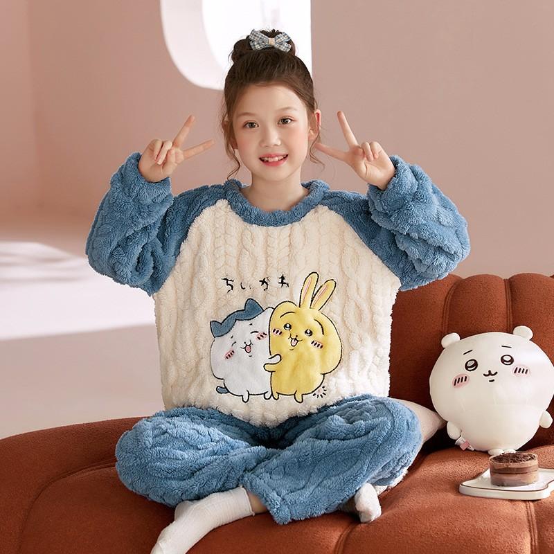 Girls Winter Coral Fleece Pajama Set Kids 8 Years Thick Warm Sleepwear With Cartoon Print