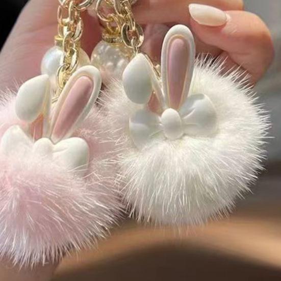 Keychain Rabbit Ear Soft Plush Ball Charm Key Chain Car Keys Bags Backpacks Kids Travel Accessories Stress Relief Gift
