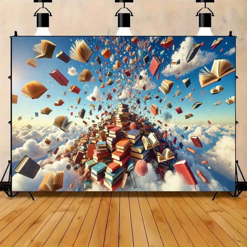 A polyester fiber party banner, with a floating book design, measuring 8x6 feet, suitable for home useDJH