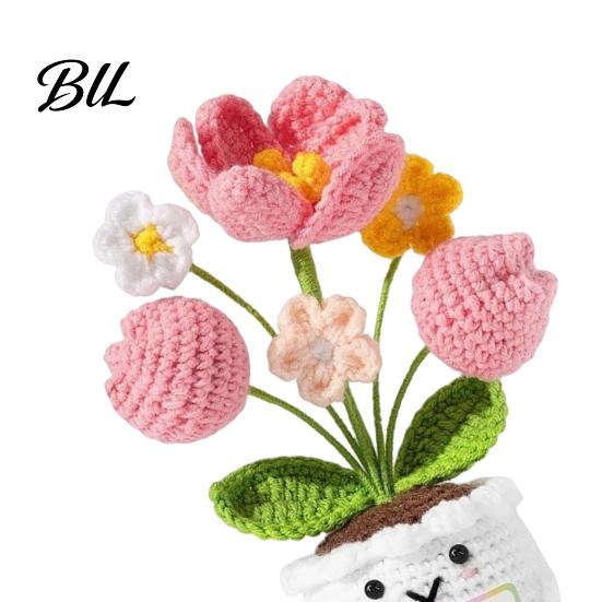 Never Fading Flower Positive Crochet Tulip Wildflower Thank You Gifts for Women Mom Friends Handmade Floral Keepsake Potted Doll with Card Emotional