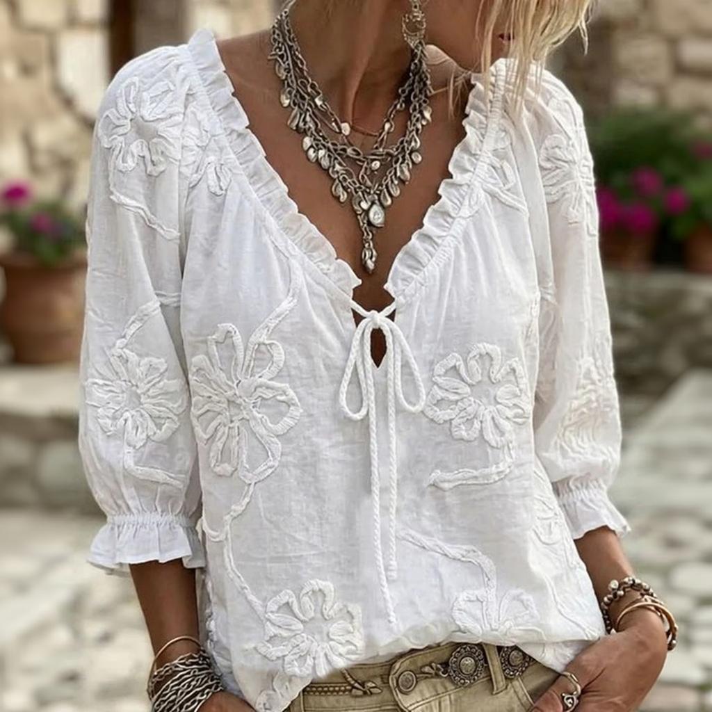 Damen Bluse mit Stickerei und Rüschen V-Ausschnitt