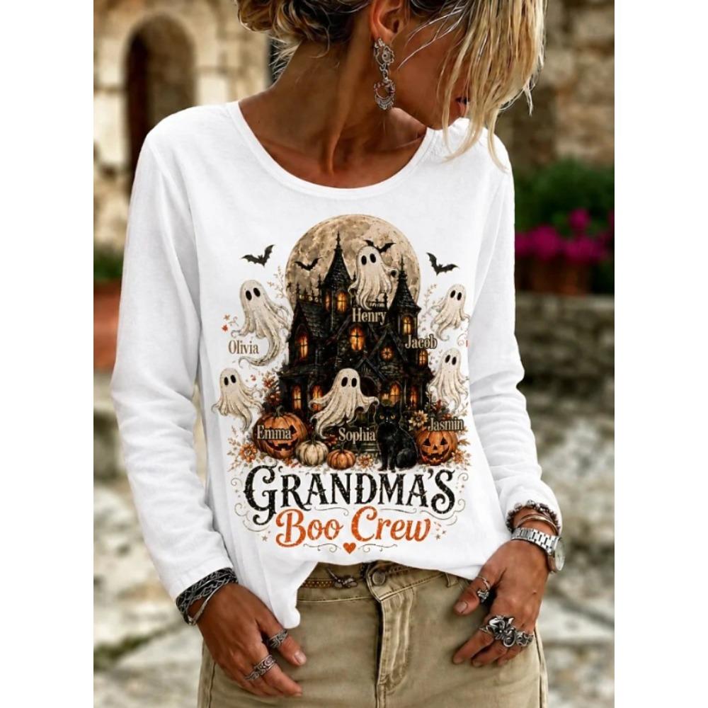 Tops for Women Halloween Print Round Neck Long Sleeve T-shirt Fall Casual Slim Pullover Women's Long Sleeve Top