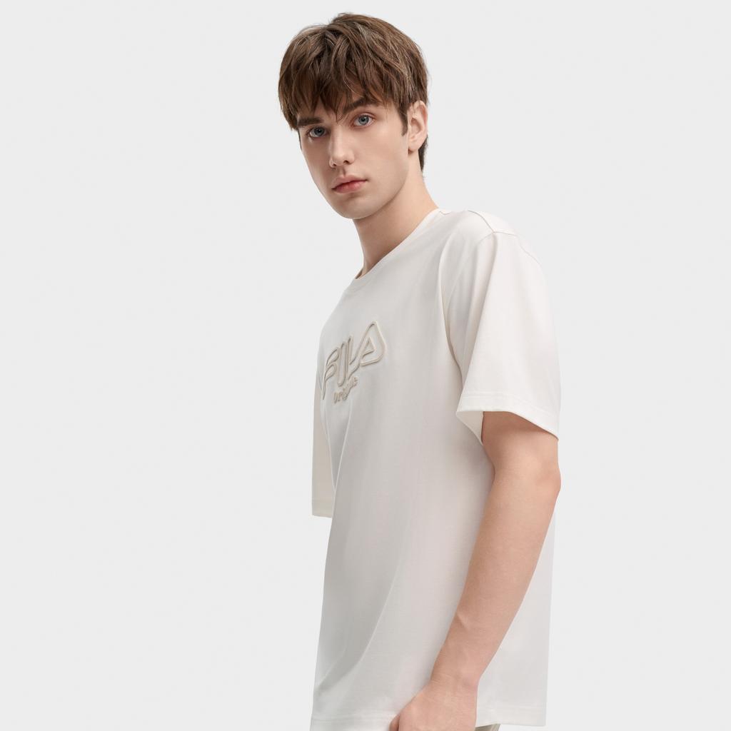 Fila Simple Versatile Breathable T-Shirt Men Tops Cloud-Mushroom-White F11M439110FWT