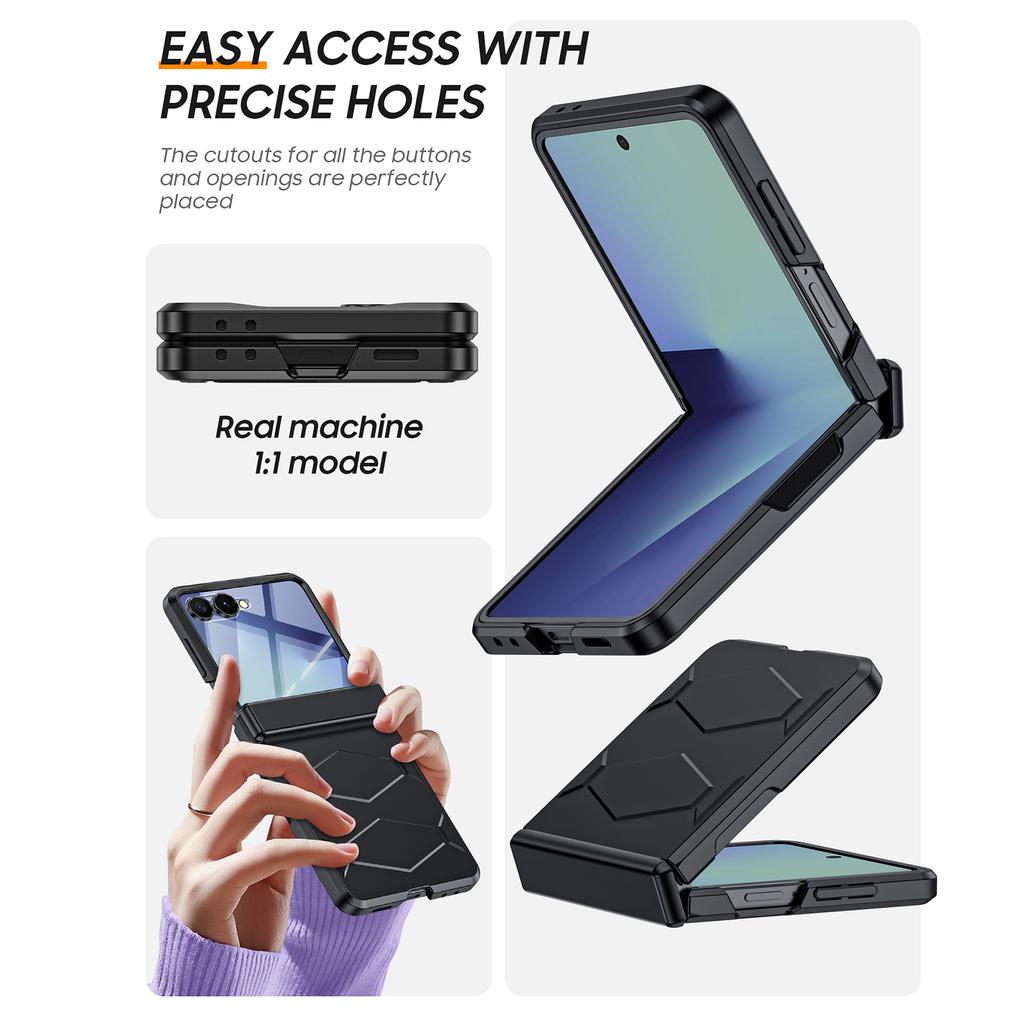 Protective Case with Hinge Protection Tempered Glass Screen Protector Slim PC Cover for Samsung Galaxy Z Flip 7-Black