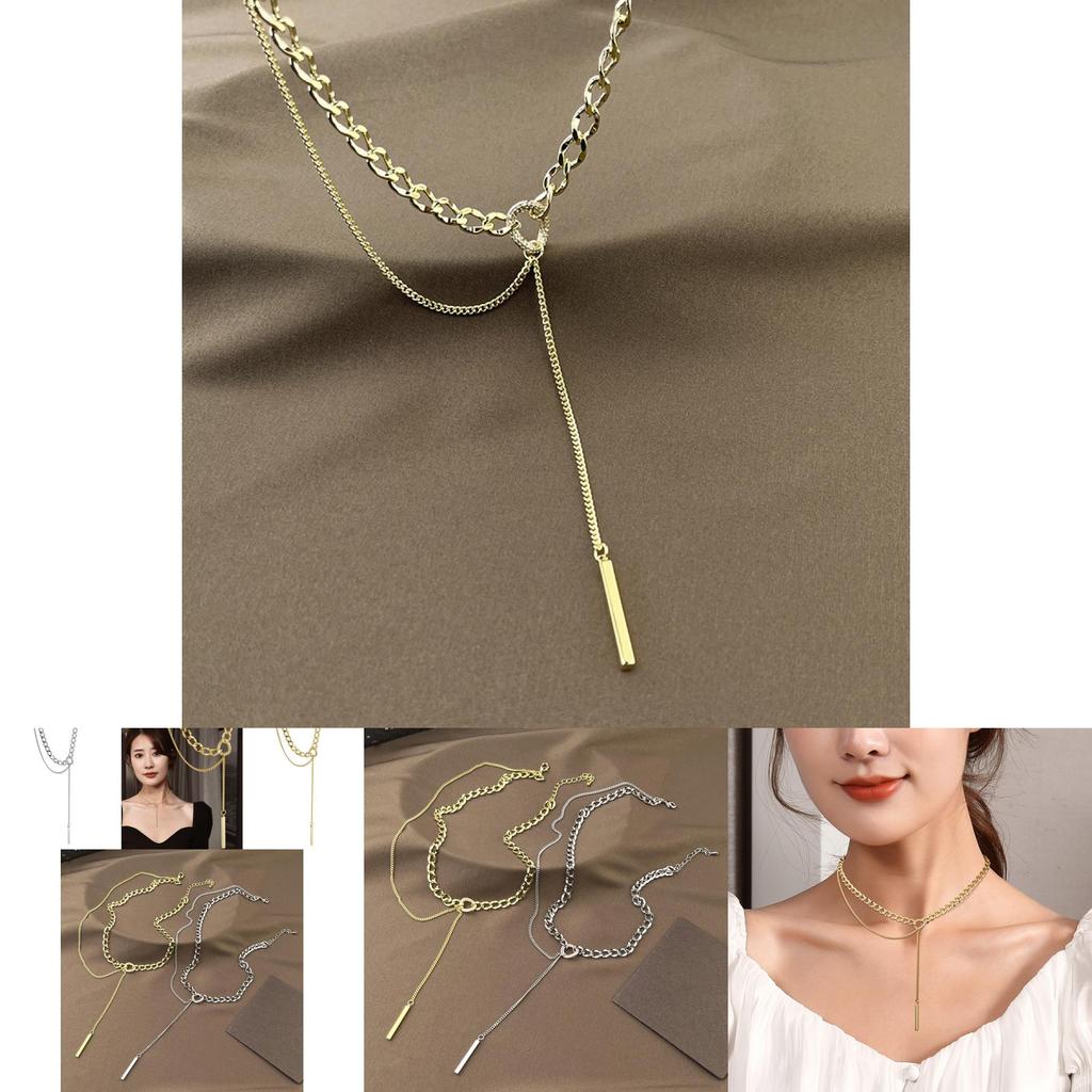 Stylish Geometric Titanium Steel Layered Chain Necklace For Women With Elegant Tassels