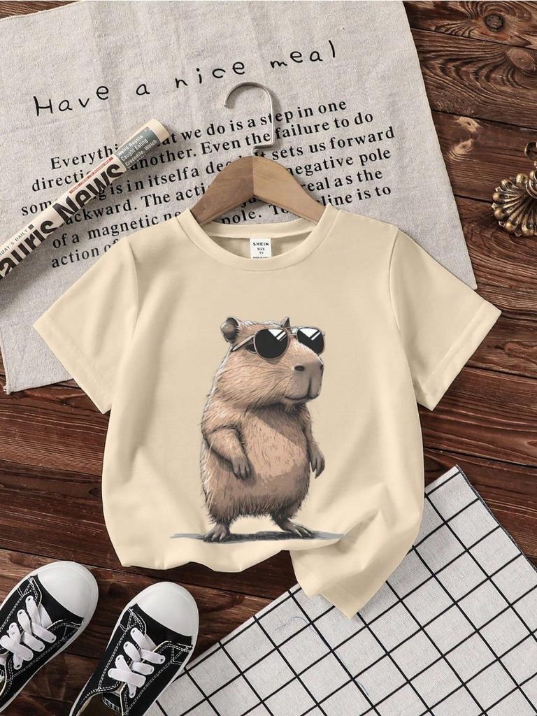 Summer Capybara Wearing Sunglasses Printed Round Neck T-shirt Casual Versatile Short-sleeved T-shirt Boys Short-sleeved Top