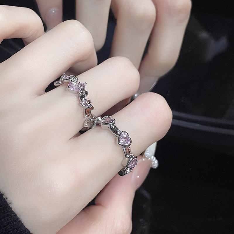 Sweet And Cool Spice Girl Inlaid Pink Diamond Love Ring Set Two-Piece Set Women'S Personality High-End Jewelry