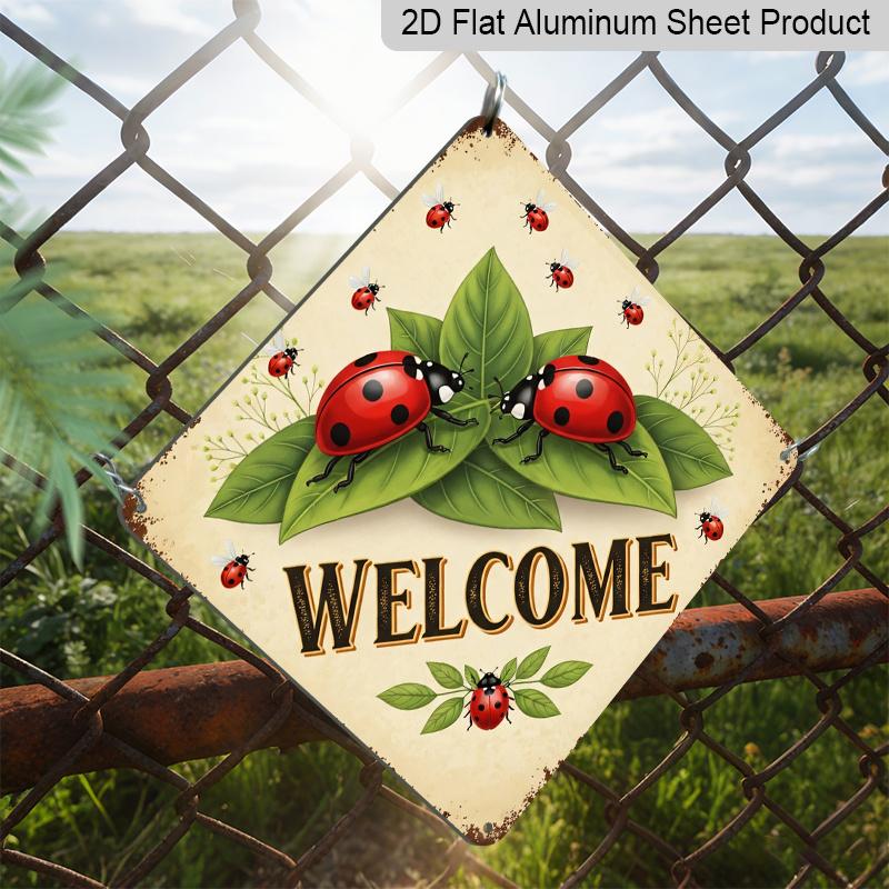 2D Flat - 1pc Vintage Ladybug Welcome Themed Aluminum Sign, English Slogan Wall Art, Rustic Aluminum Plaque, Suitable for Garden, Yard, Farm, Patio