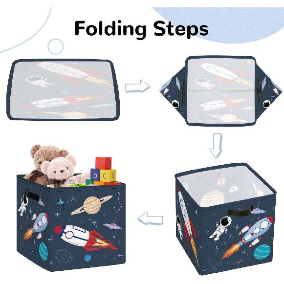 Clastyle 3 Pcs Space Kid Storage Cube Organizer Set Rocket Closet Clothes Cube Storage Bin Blue Nursery Toddler Toy Box Chest Astronaut Book Shelf