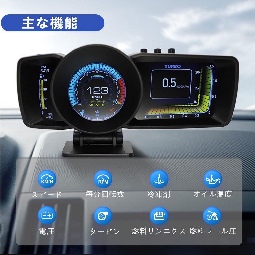 wiiyii Head Up Display Car HUD A600, Speedometer, Tachometer, Multifunction Gauge GPS+OBD2 Dual System