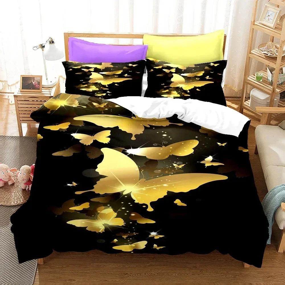Golden Butterfly Pretty Blue Butterfly Bedding Set Boys Girls Twin Queen Size Duvet Cover Pillowcase Bed Kids Adult