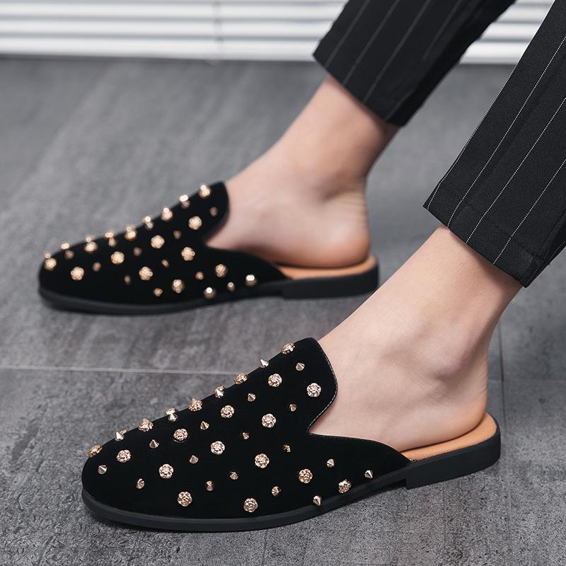 Halbziehhschuhe Sommer Britische Nieten Spitze Herren Hausschuhe Fauler Überzug Leder