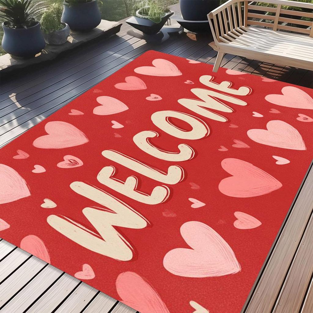 Valentine's Day Welcome Holiday Theme Non-Slip Floor Mat Washable Decorative Area Rug for Home Entrance Outdoor Courtyard