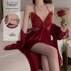 Sexy Backless Velvet Plus Chest Pad Pure Desire Suspender Nightdress Robe Loungewear Set