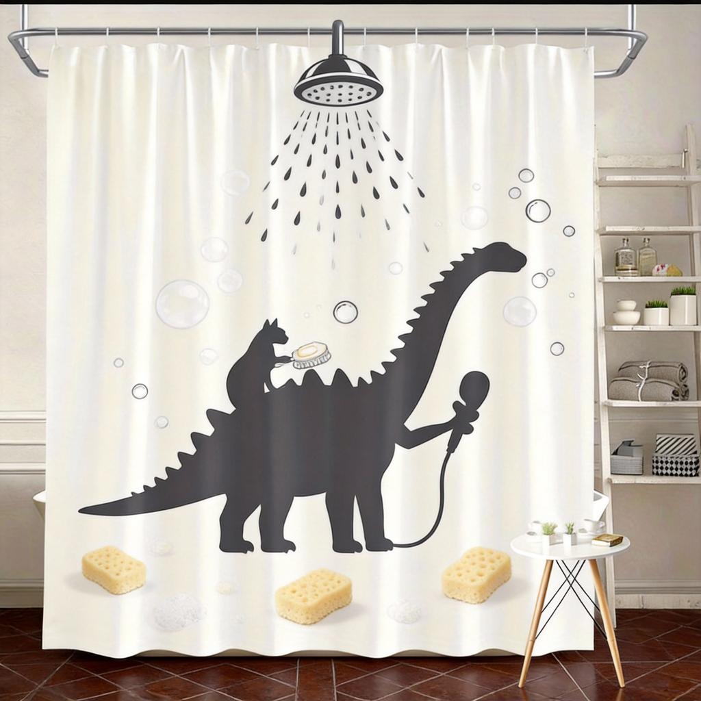 Dinosaur Shower Curtain 1180x180cm – Funny Cat Sidekick, Bathroom Karaoke Scene, 12 Hooks Bath decorative shower curtain