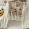 Spring Summer  Crochet Top with Chiffon Flower Embroidery Long Sleeve Square-neck Fake Two-Piece Blouse Hook Flower Hollow Top Sunscreen