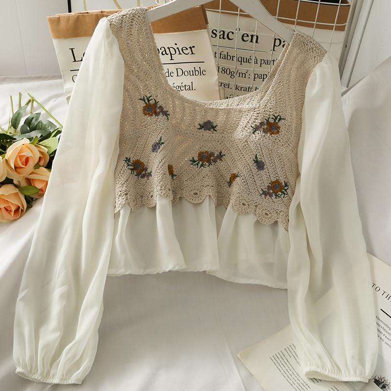 Spring Summer Crochet Top with Chiffon Flower Embroidery Long Sleeve Square-neck Fake Two-Piece Blouse Hook Flower Hollow Top Sunscreen